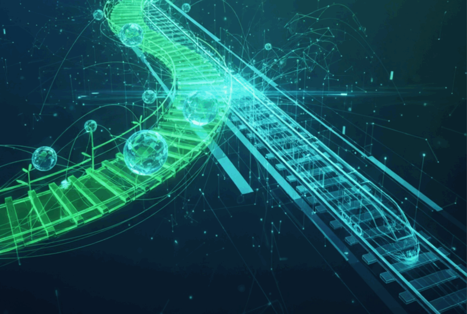 Grafisch futuristisch dargestellte Gleise und fahrender Zug in grüner Farboptik und digitalen Elementen.