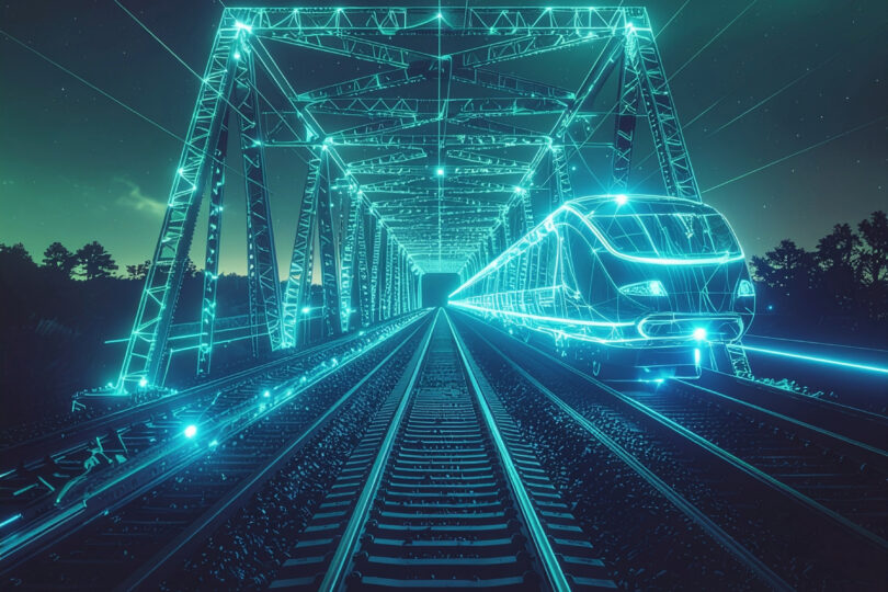 Grafisch futuristisch dargestellter fahrender Zug auf Gleisen in türkisener Farboptik und digitalen Elementen.