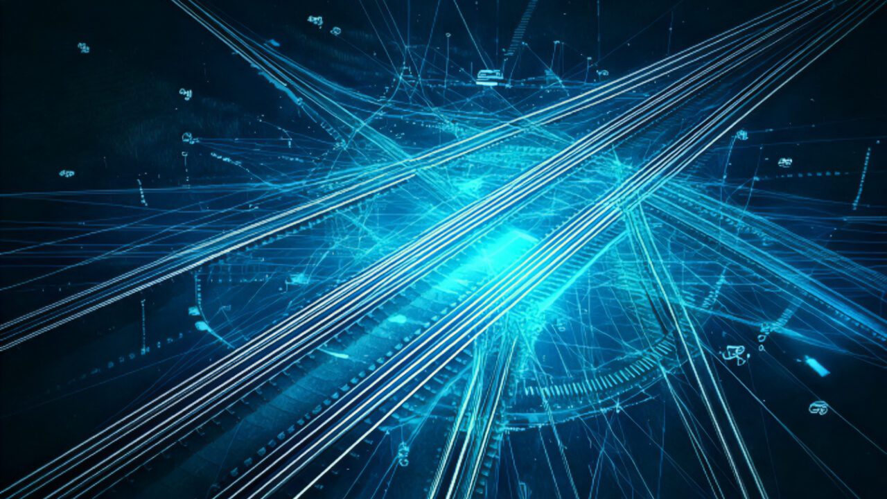 Grafisch futuristisch dargestellte Gleise in türkisener Farboptik und digitalen Elementen.