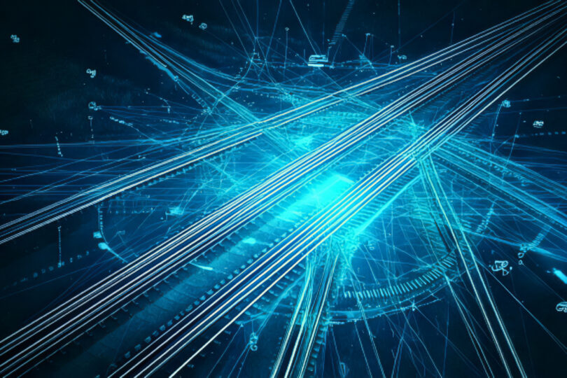 Grafisch futuristisch dargestellte Gleise in türkisener Farboptik und digitalen Elementen.