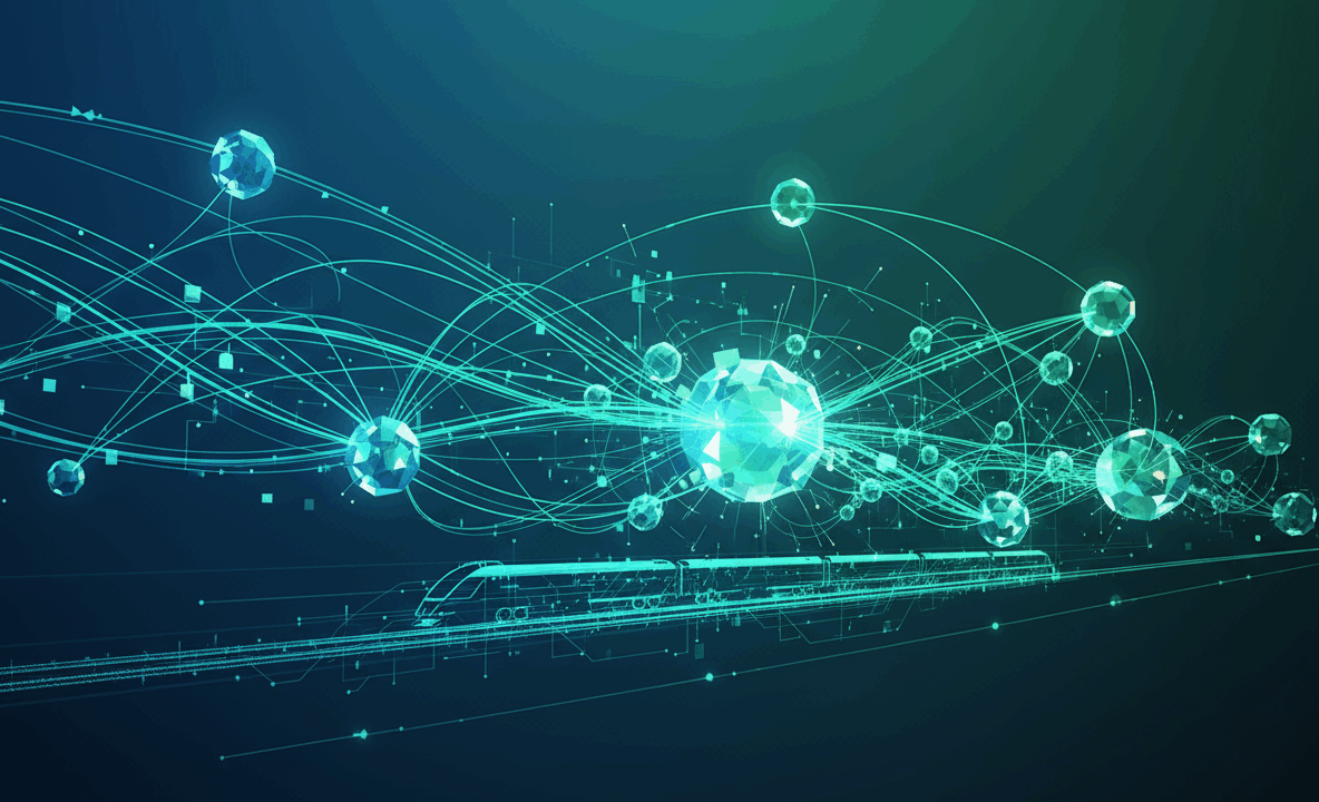 Grafisch futuristisch dargestellter fahrender Zug und Gleise in grüner Farboptik und digitalen Elementen.