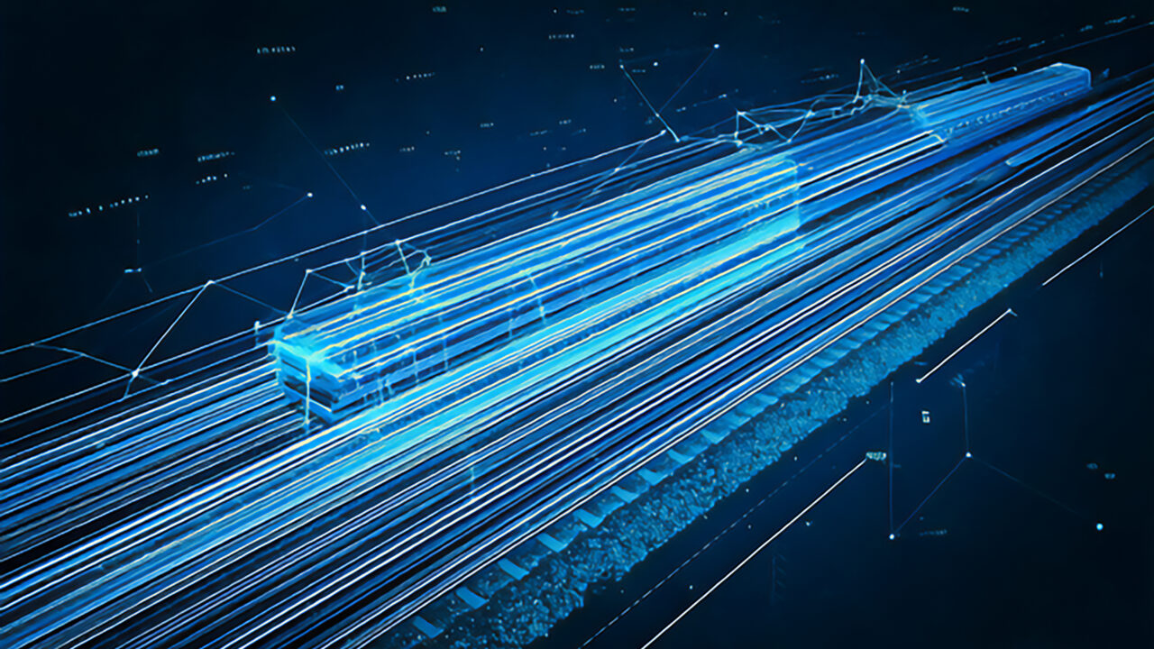 Grafisch futuristisch dargestellter fahrender Zug auf Gleisen in blauer Farboptik und digitalen Elementen.