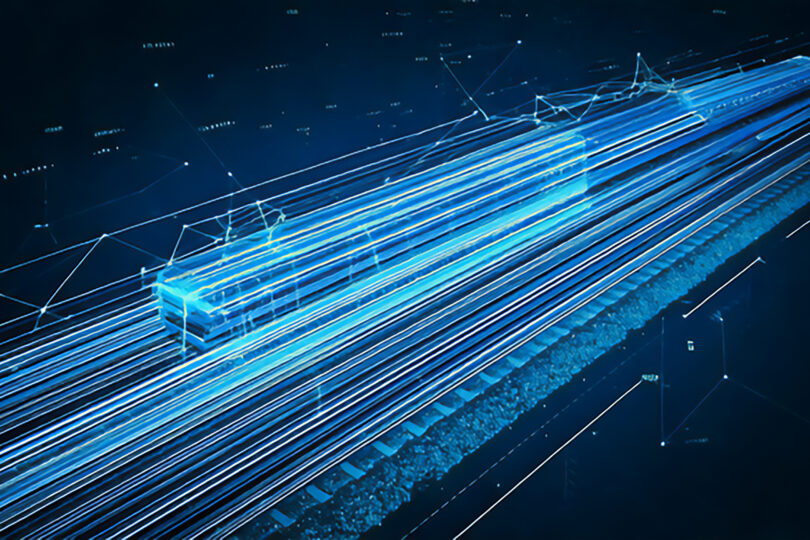 Grafisch futuristisch dargestellter fahrender Zug auf Gleisen in blauer Farboptik und digitalen Elementen.