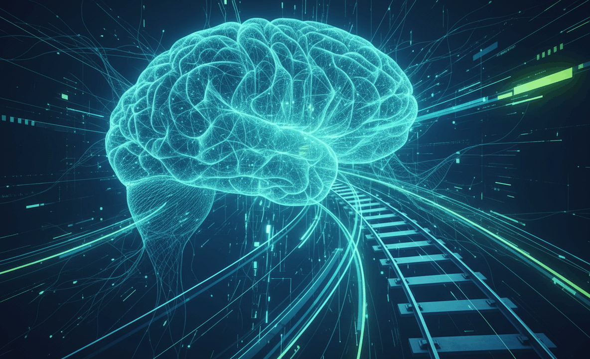 Grafisch futuristisch dargestellte Gleise und menschliches Gerhin in türkisener Farboptik und digitalen Elementen.