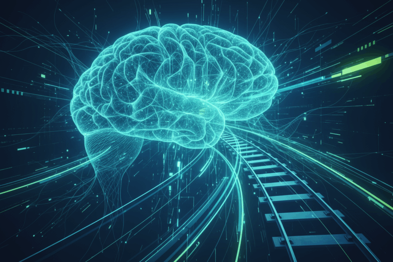 Grafisch futuristisch dargestellte Gleise und menschliches Gerhin in türkisener Farboptik und digitalen Elementen.