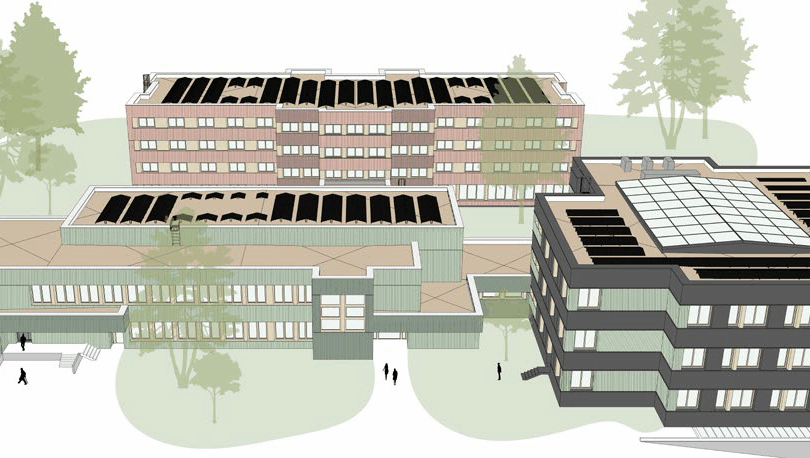 Dreiteiliger Gebäudekomplex mit Flachdächern, Solarpaneelen auf den Dächern und mehreren Bäumen im Umfeld, Personen gehen auf Wegen.