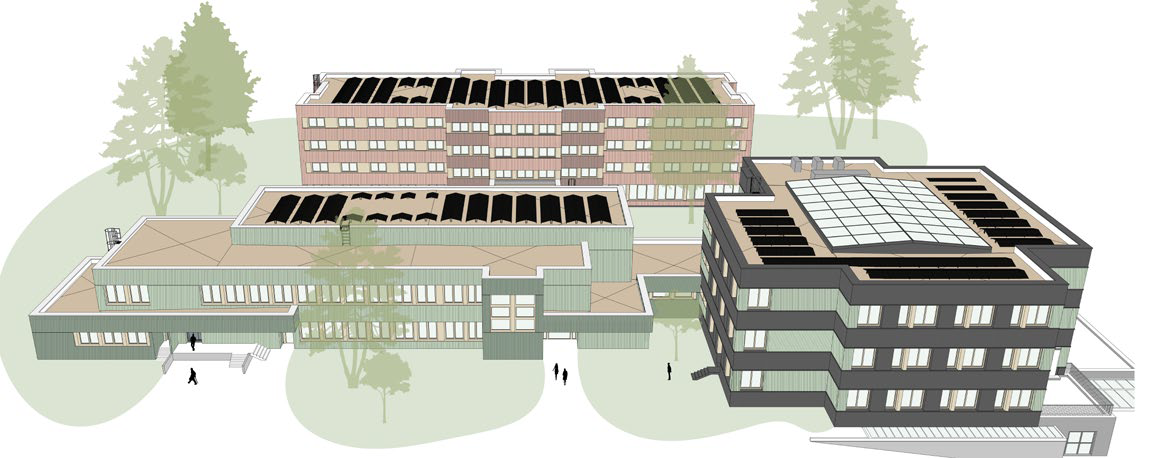 Dreiteiliger Gebäudekomplex mit Flachdächern, Solarpaneelen auf den Dächern und mehreren Bäumen im Umfeld, Personen gehen auf Wegen.