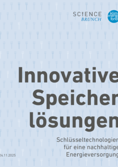 Titelblatt mit dem Text 'Innovative Speicherlösungen' und Untertitel 'Schlüsseltechnologien für eine nachhaltige Energieversorgung', Hintergrund mit Muster aus Gabeln.