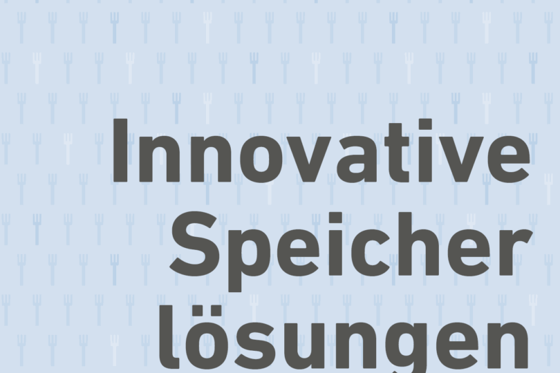 Titelblatt mit dem Text 'Innovative Speicherlösungen' und Untertitel 'Schlüsseltechnologien für eine nachhaltige Energieversorgung', Hintergrund mit Muster aus Gabeln.