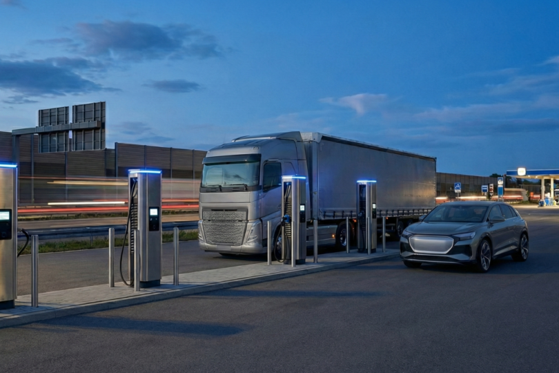 Ein KI-generiertes Bild einer Ladestation neben einer Autobahn mit Auto und LKW.