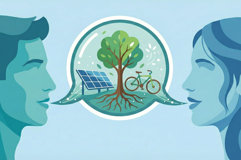 Zwei Menschen teilen sich eine Sprechblase, in der ein Baum, eine PV-Anlage und ein Fahrrad zu sehen sind.