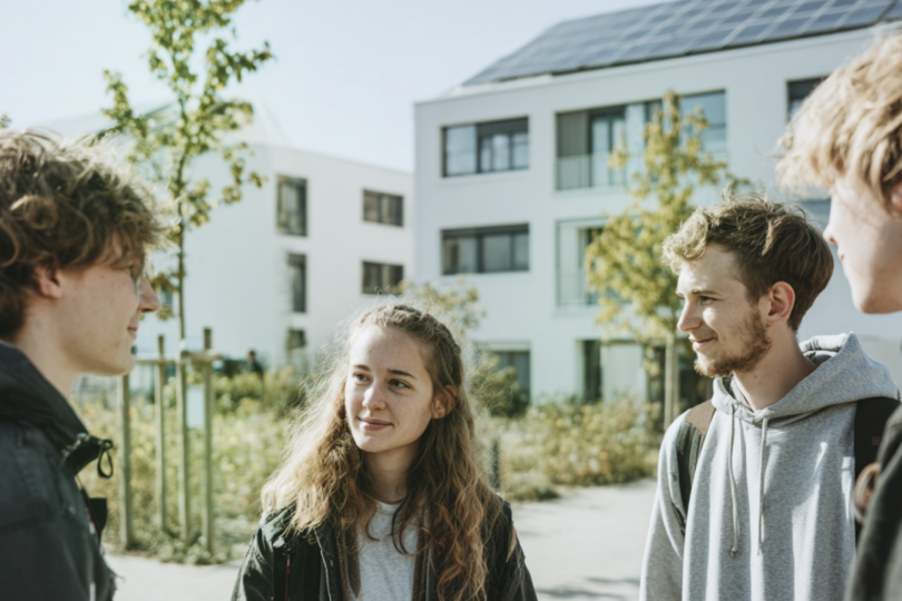 Vier junge Menschen stehen im Freien vor modernen Wohngebäuden und unterhalten sich.
