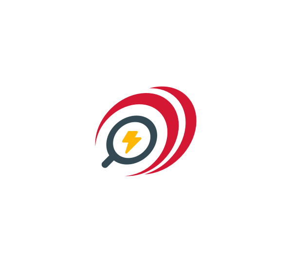 Logo mit stilisierter Sprechblase, darin ein gelber Blitz, umgeben von drei roten geschwungenen Linien