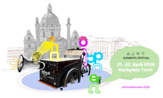 Ein Sujet zum "4Elements-Festival" by HOPE Raumlabor, das von 21.–22. April 2026 im Rahmen der Klimabiennale 2026 am Karlsplatz stattfindet.
