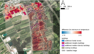 Eine Darstellung, die zeigt, wie die nächtliche Minimaltermperatur bei weiterer Bebauung im untersuchten Gebiet um 2 Grad Celsius steigt.