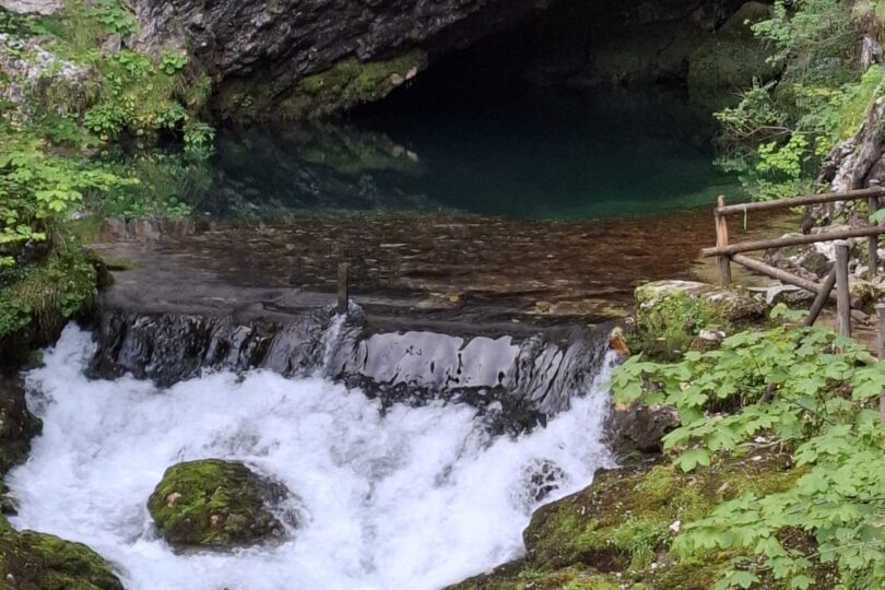 Die Karstquelle Pießling-Ursprung entspringt aus einer großen Felsenhöhle. Klares, türkisfarbenes Wasser fließt über kleine Kaskaden zwischen moosbedeckten Steinen hindurch. Rund um die Quelle wachsen grüne Pflanzen, rechts führt ein schmaler Holzsteg entlang des Wassers.
