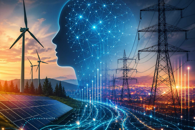 Ein KI-generiertes Bild, das die Verbindung von erneuerbaren Energien und digitaler Intelligenz zeigt, dargestellt durch Windräder, Solarpanels, Stromleitungen und ein leuchtendes neuronales Netzwerk in Form eines menschlichen Kopfes.
