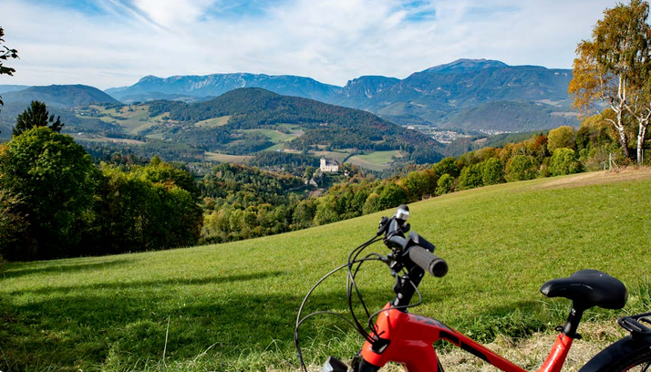 Foto: Eine grüne österreichische Hügellandschaft im Sommer, im Vordergrund sieht man ein Fahrrad stehen.