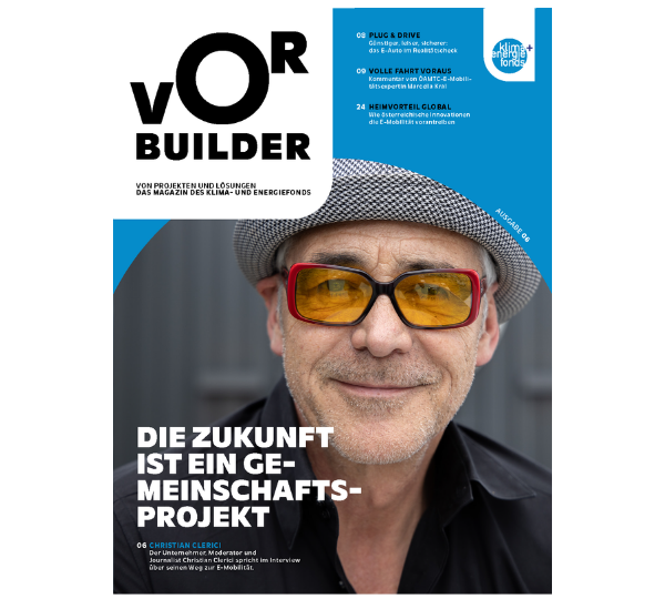 Screenshot: Das Titelbild der sechsten Ausgabe von Vorbuilder mit dem Überthema E-Mobilität und Christian Clerici als Titelstar.