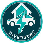 Divergent Logo: Ein Auto vor einem Haus mit einem Blitz im Vordergrund.